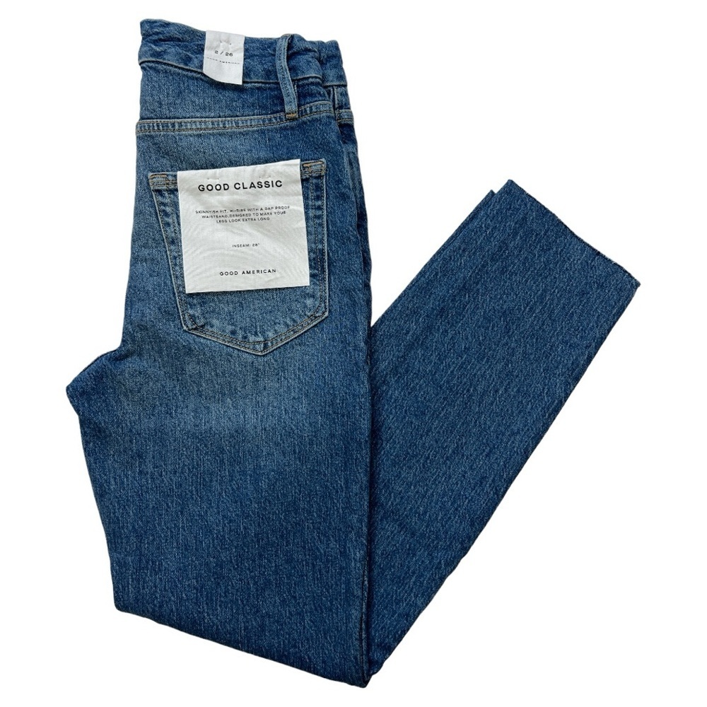 GOOD AMERICAN WOMAN’S GOOD CLASSIC RAW HEM HIGH RISE NWT BLUE JEAN SZ 26 - Picture 2 of 9
